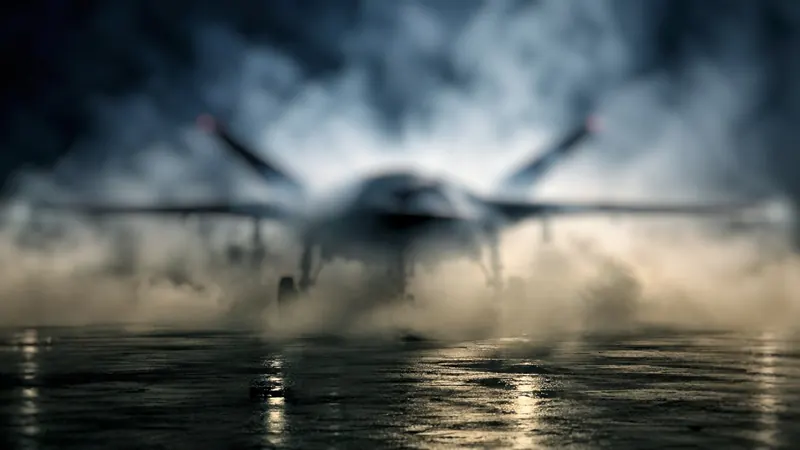 An MQ-25 Stingray half hidden in mist on a wet ramp