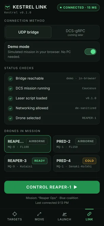 Kestrel Link screen: connection method, status checks and the drones in the mission
