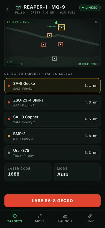 Targets screen: infrared sensor view with detected ground targets listed by priority