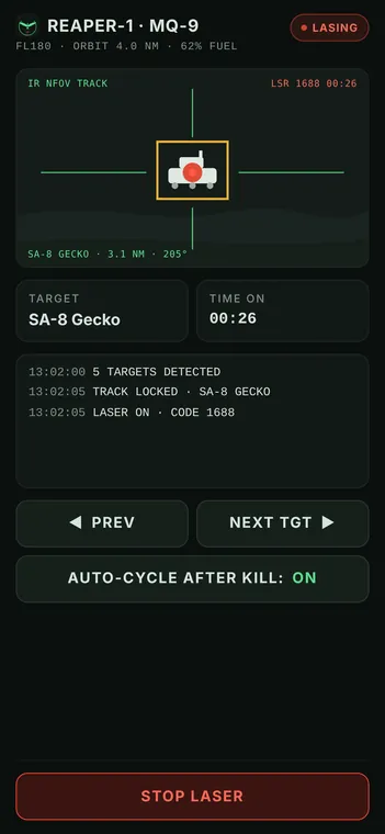 Lasing screen: narrow-field track on an SA-8 with the laser on, code 1688