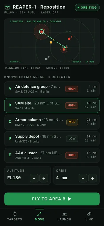 Move screen: tactical map of known enemy areas with altitude and orbit controls