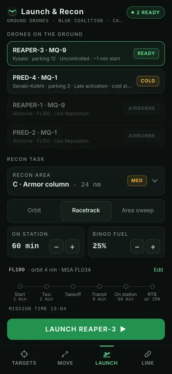 Launch screen: drones on the ground, recon task and mission timeline