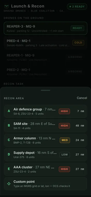 Recon area picker listing enemy areas by threat level