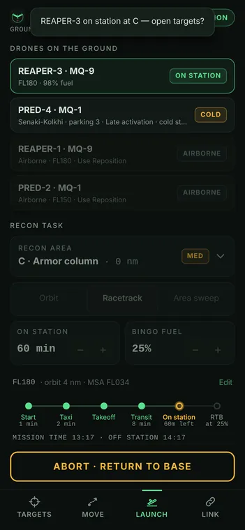 Launch screen with REAPER-3 on station over the recon area